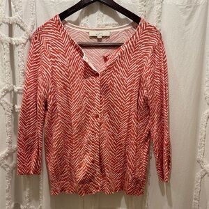 LOFT Zigzag Orange and White Button Down Cardigan